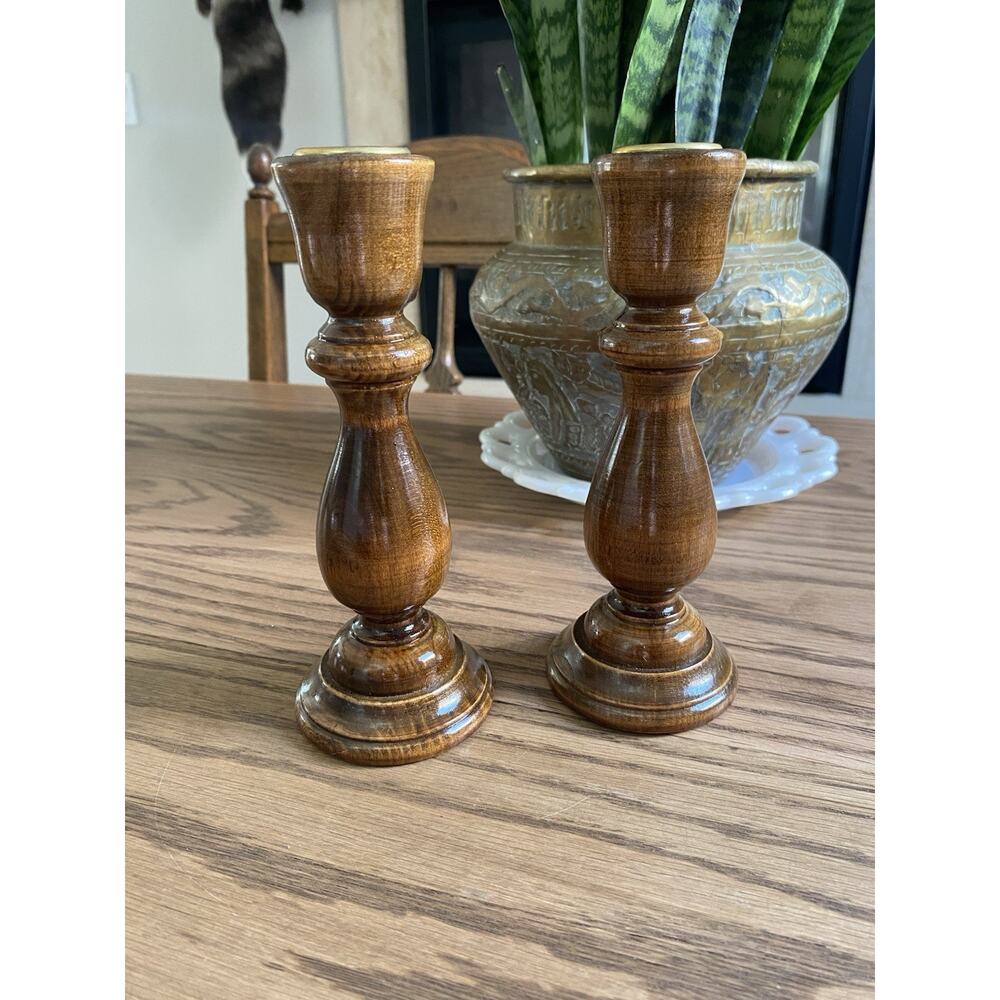 Vintage Midcentury Wood Candlestick Holders Set Of 2 Wooden Candle Holders MCM